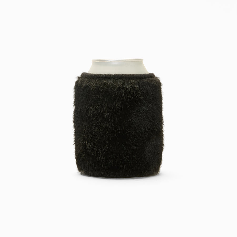 Black faux fur can sleeve, holding a can
