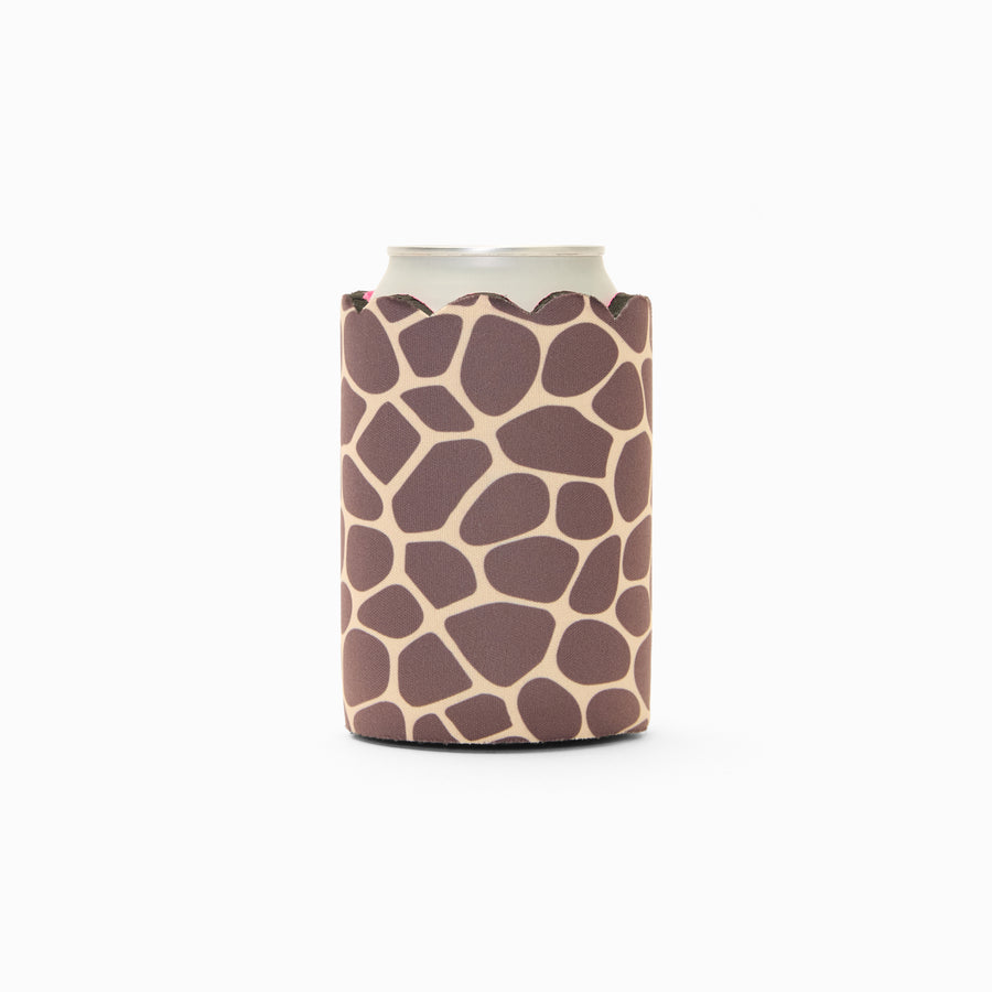 Giraffe print can sleeve with scalloped edge, holding a can