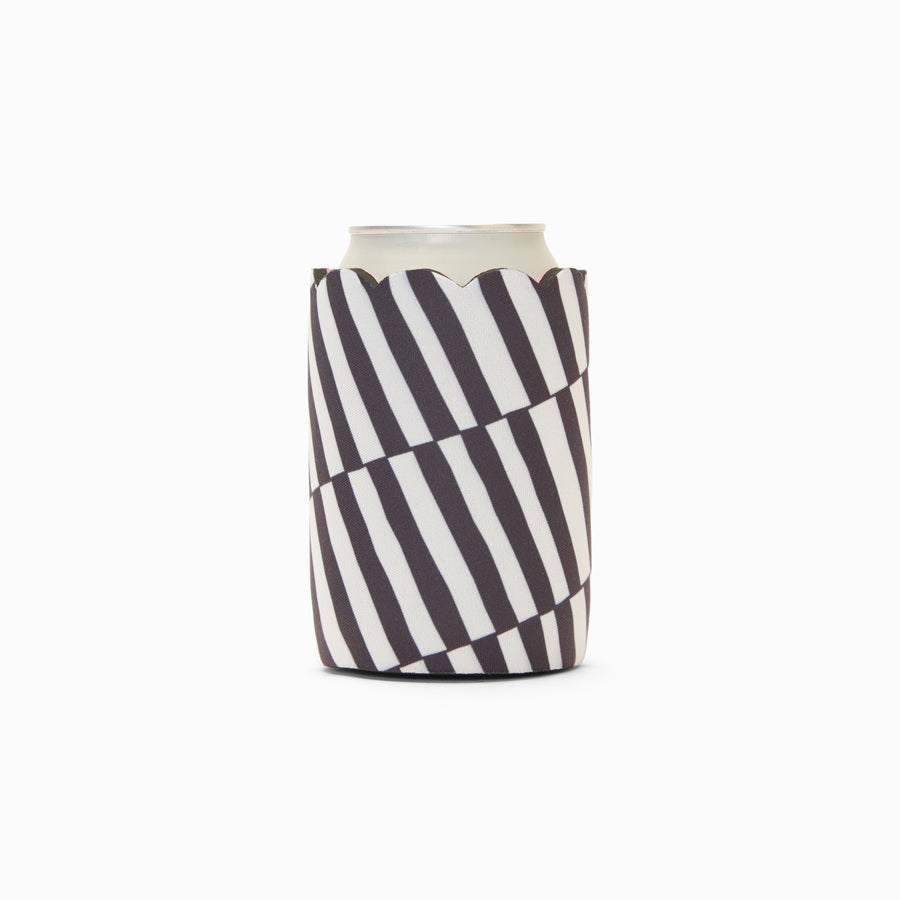 Black and white stripe print can sleeve with scalloped edge, holding a can