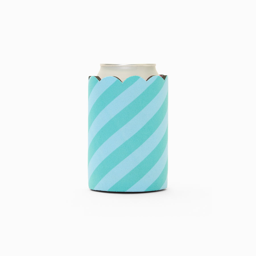 Blue and green stripe print can sleeve with scalloped edge, holding a can