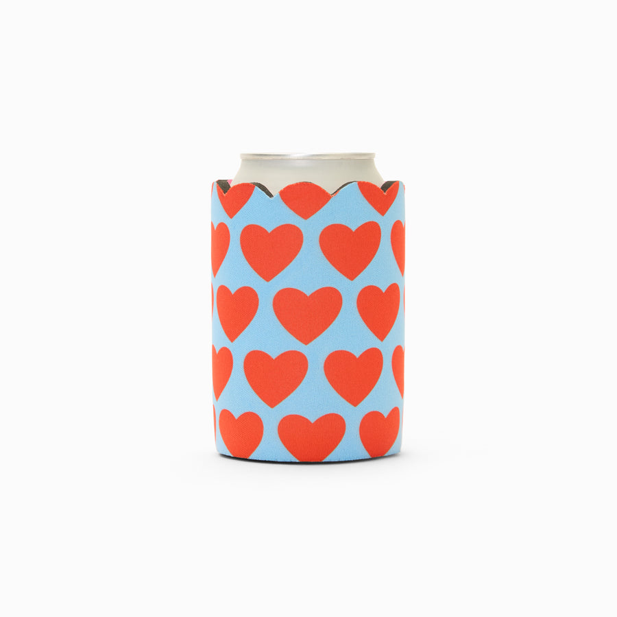 Blue and red heart print can sleeve with scalloped edge, holding a can