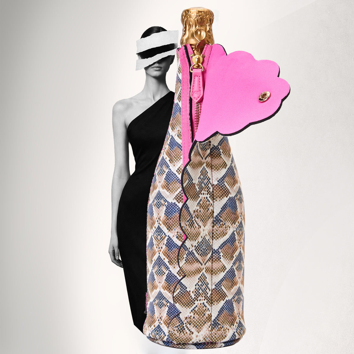 Black and white image of model beside snake print bottle cooler for wine and champagne