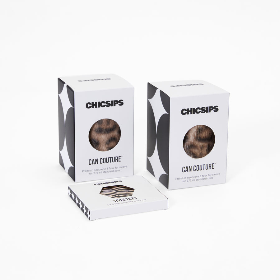 After Dark | 4-Piece Faux Fur Can Sleeve & Coaster Set