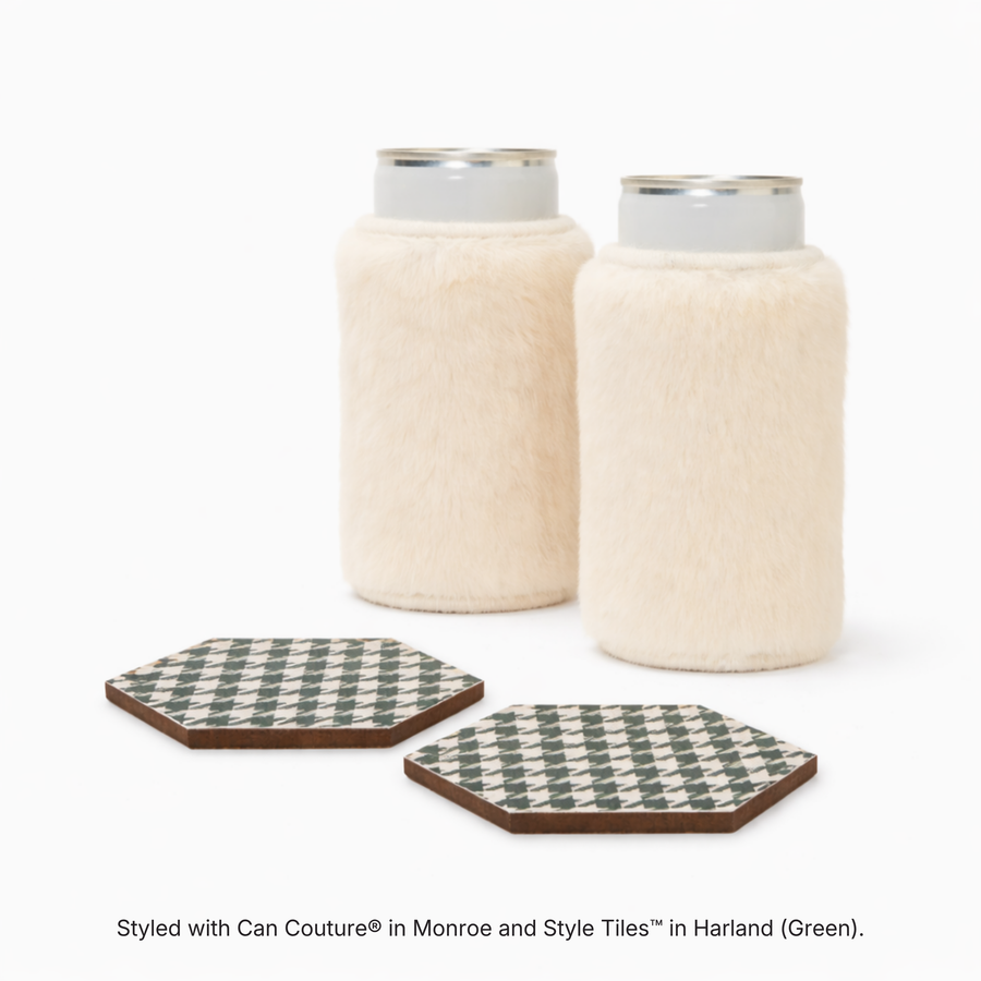 Cream faux fur can sleeves in Monroe with hexagonal coasters in Harland green and ivory houndstooth print