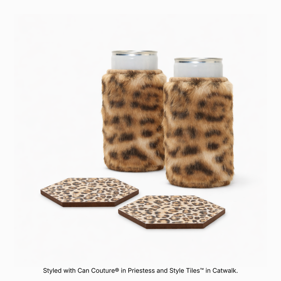 Leopard print faux fur can sleeves in Priestess with hexagonal coasters in Catwalk leopard print
