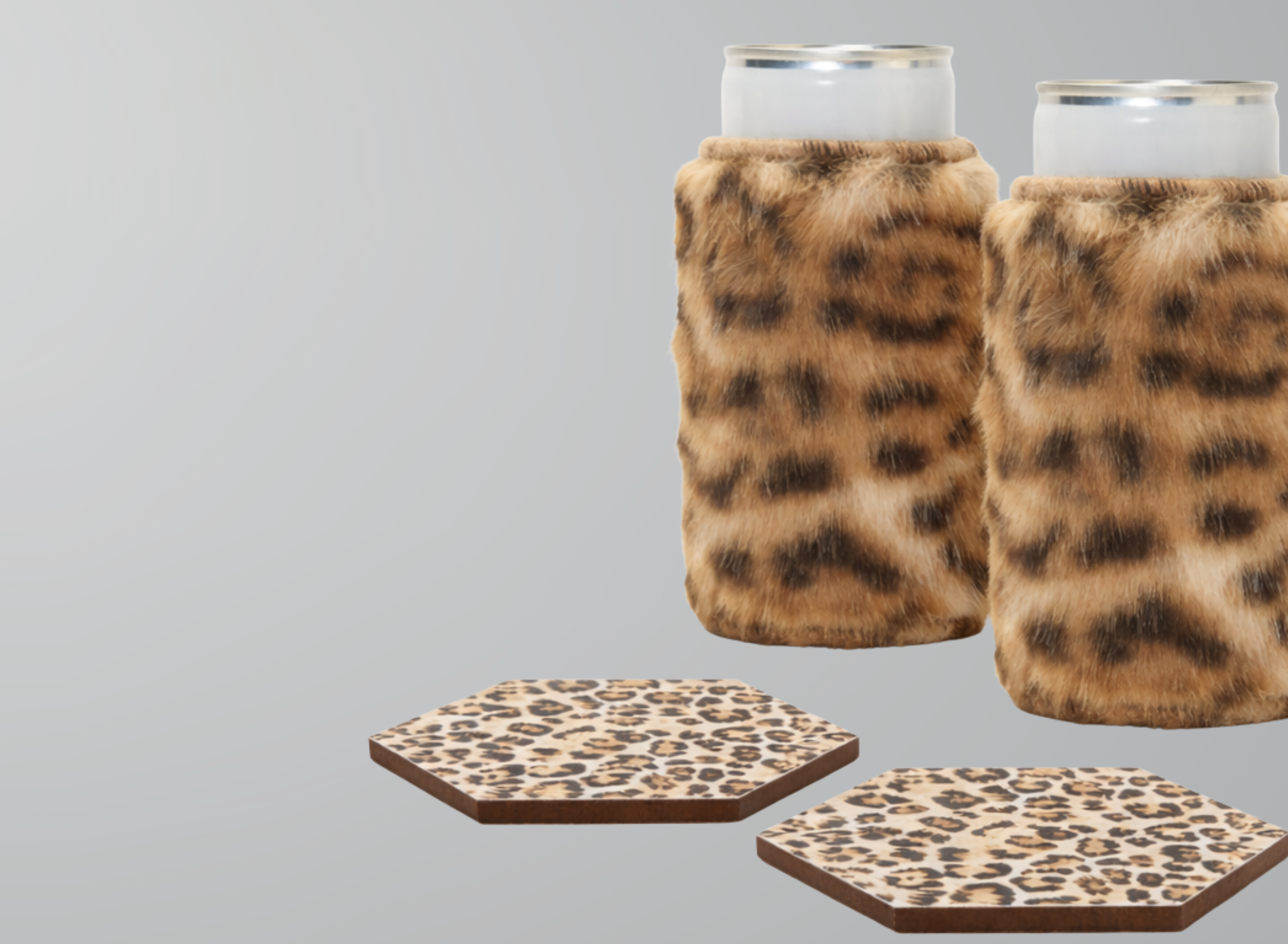 Leopard print faux fur can sleeves in Priestess with hexagonal coasters in Catwalk leopard print