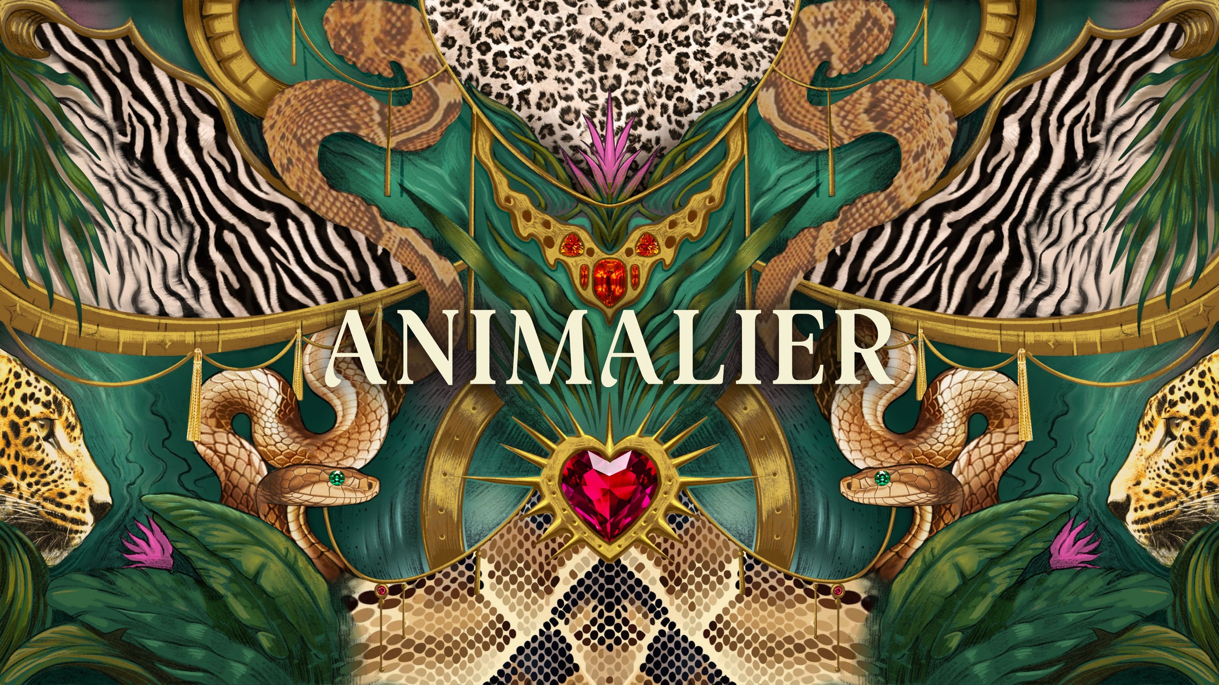 Chic Sips Animalier collection artwork featuring snakes and cheetahs with leopard, zebra and snake prints, green foliage, pink flowers and jewel details