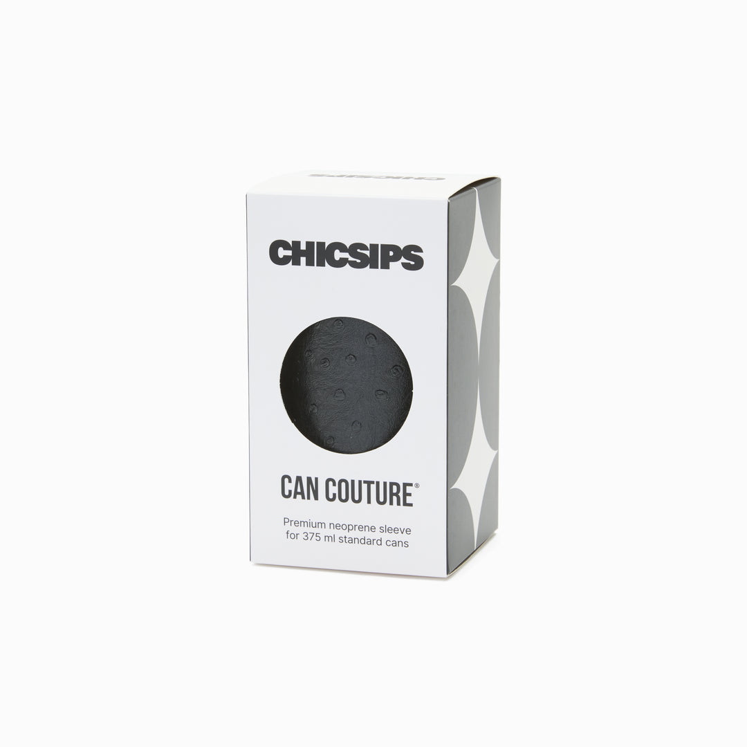 Can Couture gift box with a round window showing the Edie black ostrich vegan leather can sleeve