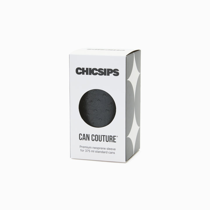 Can Couture gift box with a round window showing the Edie black ostrich vegan leather can sleeve