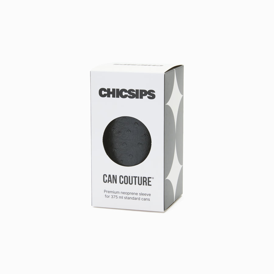 Can Couture gift box with a round window showing the Edie black ostrich vegan leather can sleeve