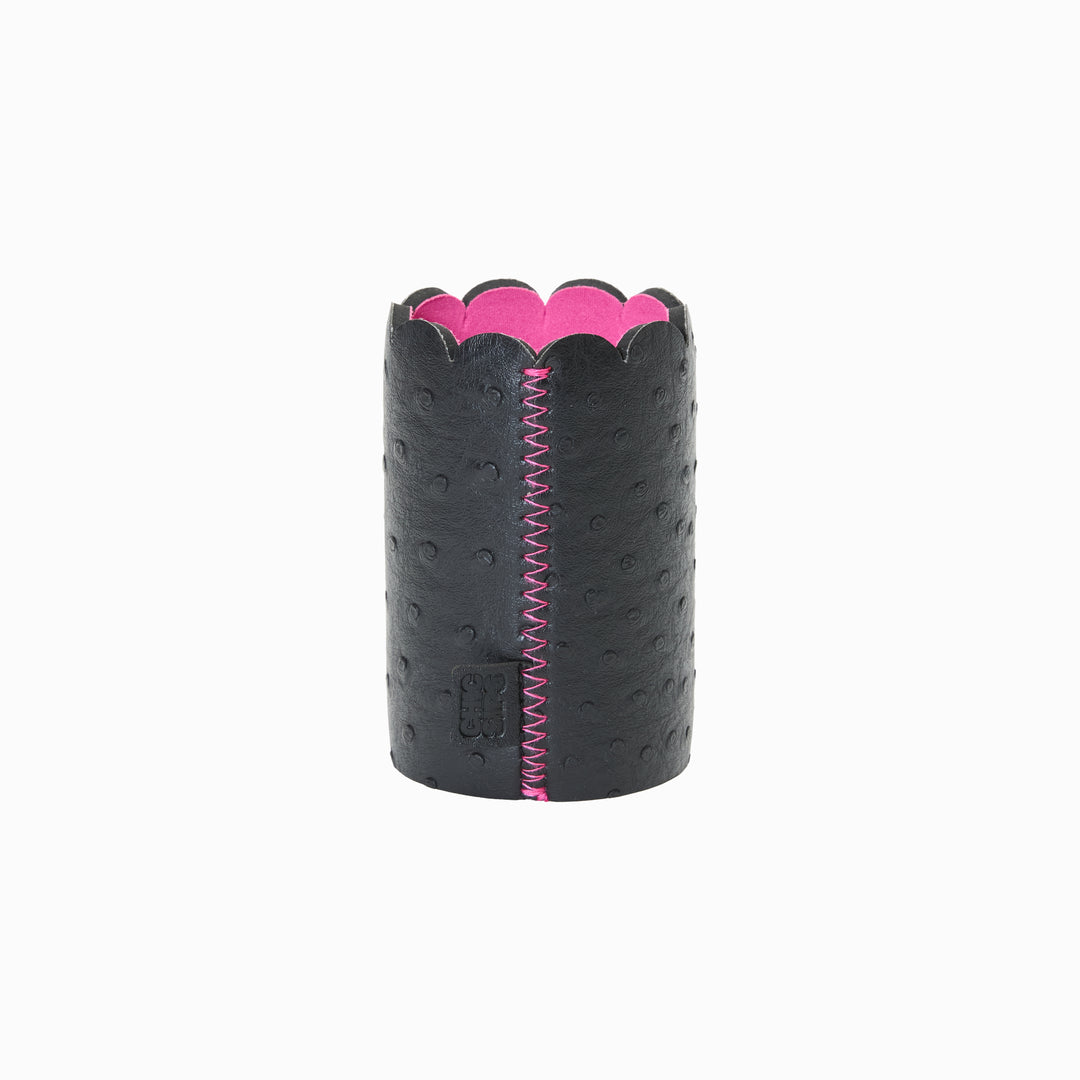 Can Couture vegan leather can sleeve in Edie black ostrich showing the pink zigzag seam and pink lining
