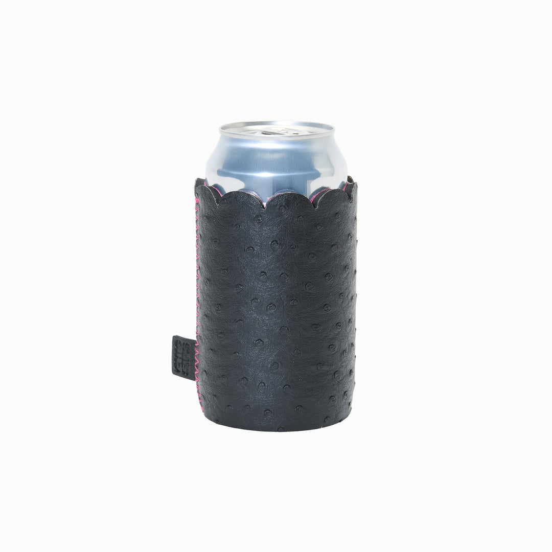 Can Couture vegan leather can cooler sleeve in Edie black ostrich vegan leather on a standard can