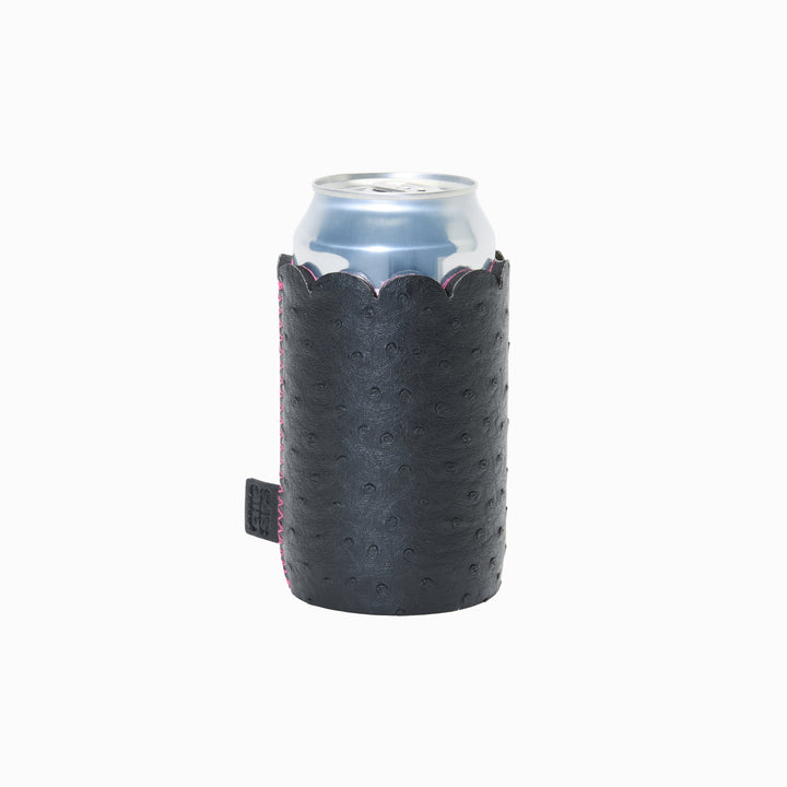Can Couture vegan leather can cooler sleeve in Edie black ostrich vegan leather on a standard can