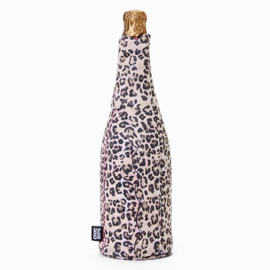 Catwalk leopard print bottle cooler showing full-length scalloped flap detail