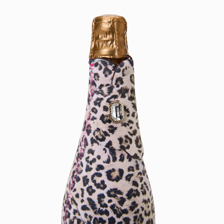 Bottle cooler in Catwalk leopard print showing scalloped flap and neckline with jewel press stud and pink zigzag stitching