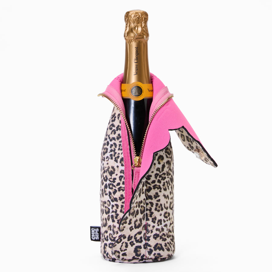 Catwalk leopard print bottle cooler with open zip revealing pink lining, scalloped edge, gold zip and pink vegan leather pull
