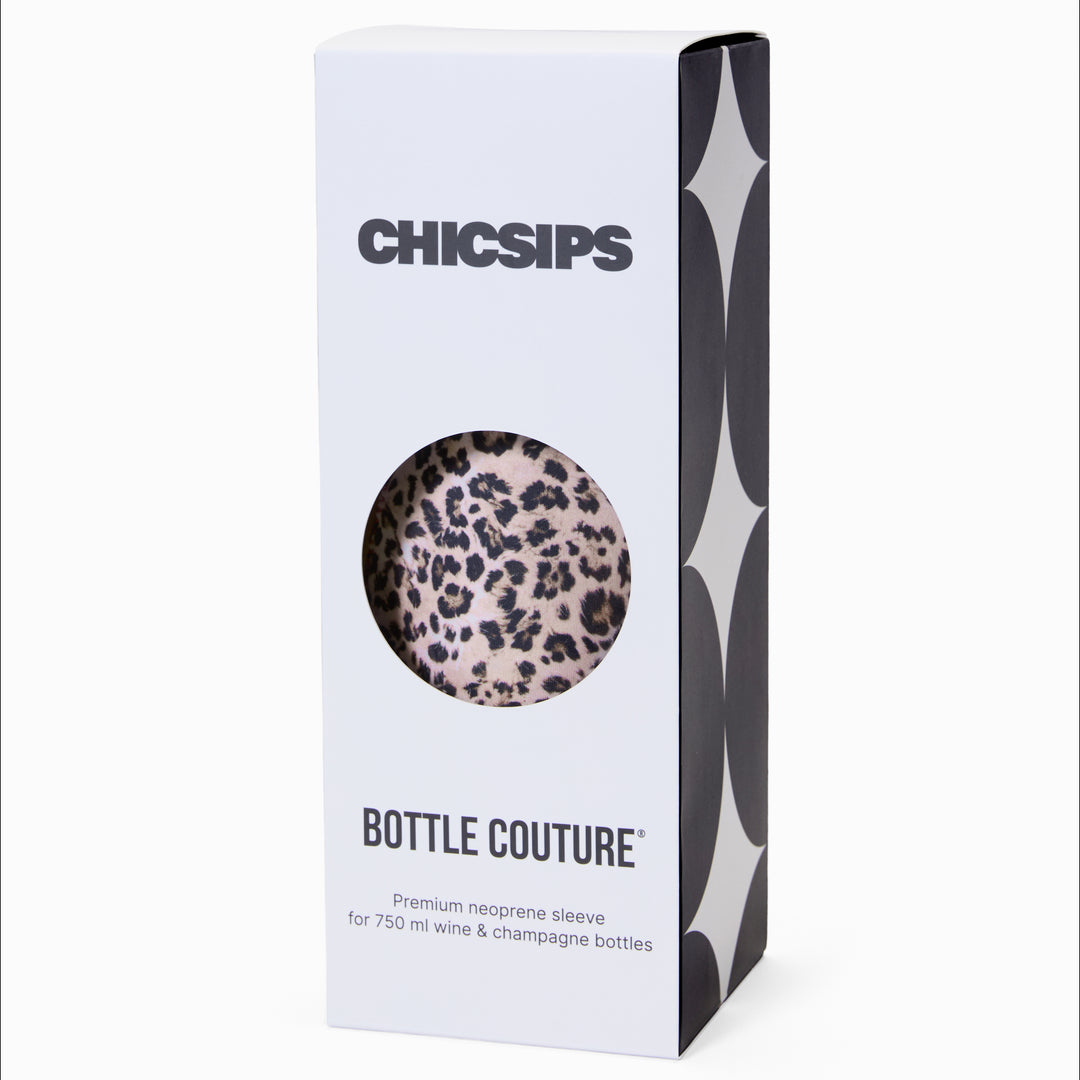 Bottle cooler packaging in black and white with die-cut circular window revealing leopard print pattern inside