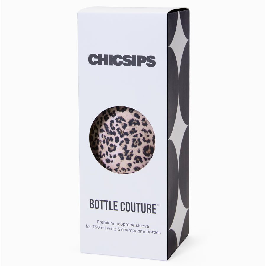 Bottle cooler packaging in black and white with die-cut circular window revealing leopard print pattern inside