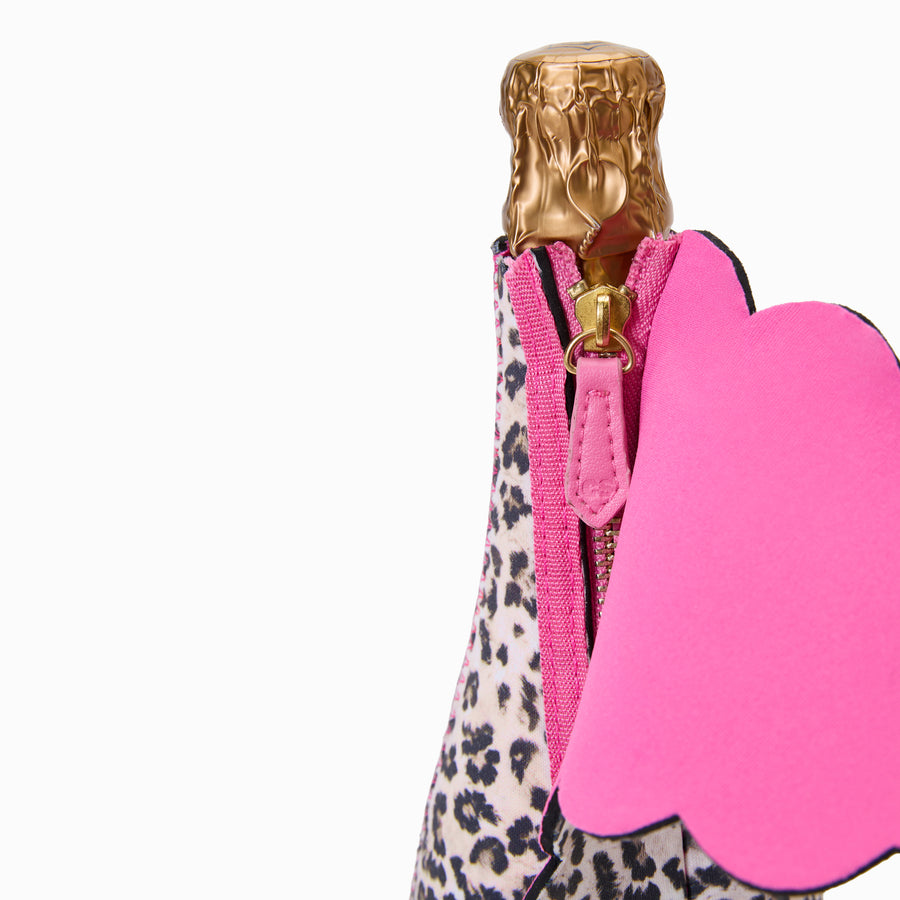 Close-up of gold zip with pink vegan leather pull featuring debossed monogram