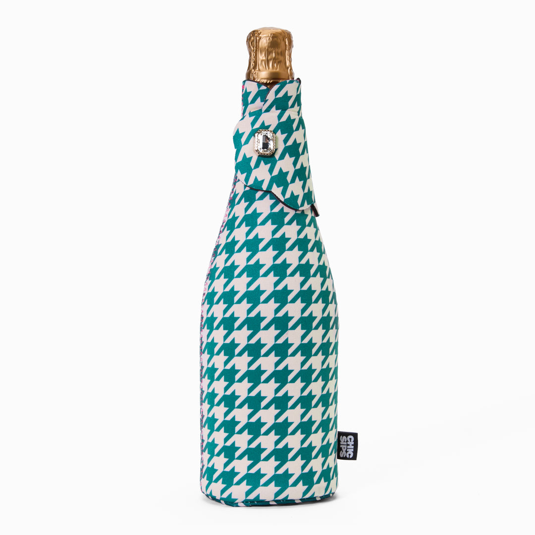 Bottle Couture wine and champagne cooler in Harland green and ivory houndstooth print with scalloped flap and jewel detail