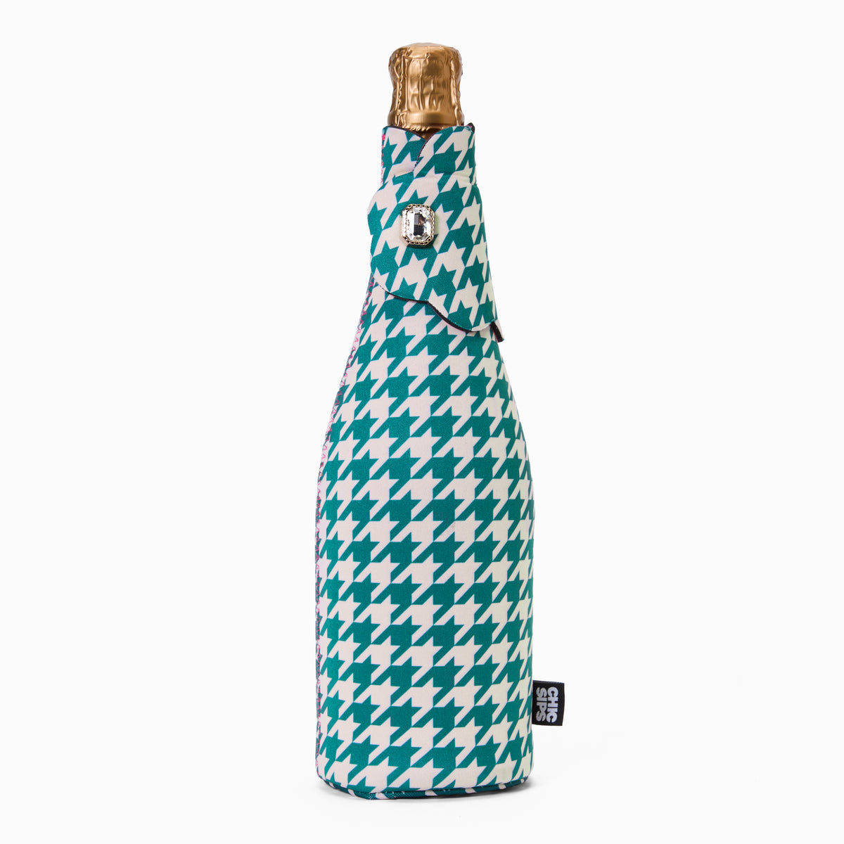 Bottle Couture wine and champagne cooler in Harland green and ivory houndstooth print with scalloped flap and jewel detail