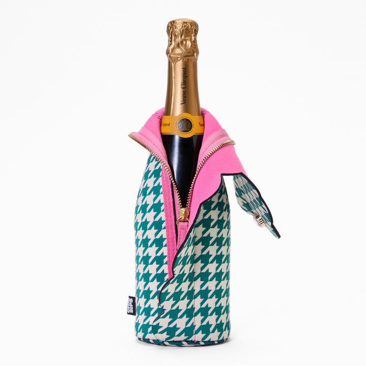 Harland green and ivory houndstooth print bottle cooler with open zip revealing pink lining, scalloped edge, gold zip and pink vegan leather pull