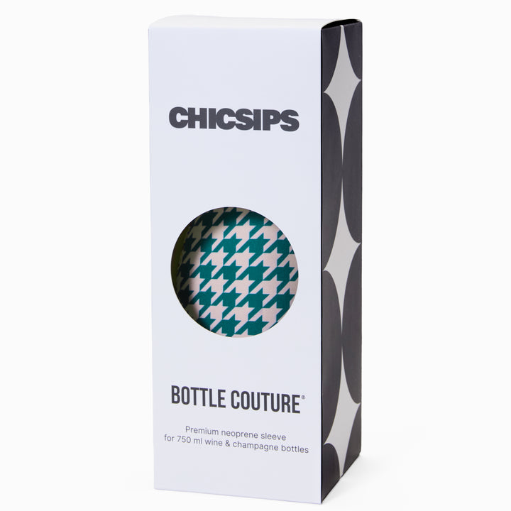 Bottle cooler packaging in black and white with die-cut circular window revealing houndstooth print pattern inside