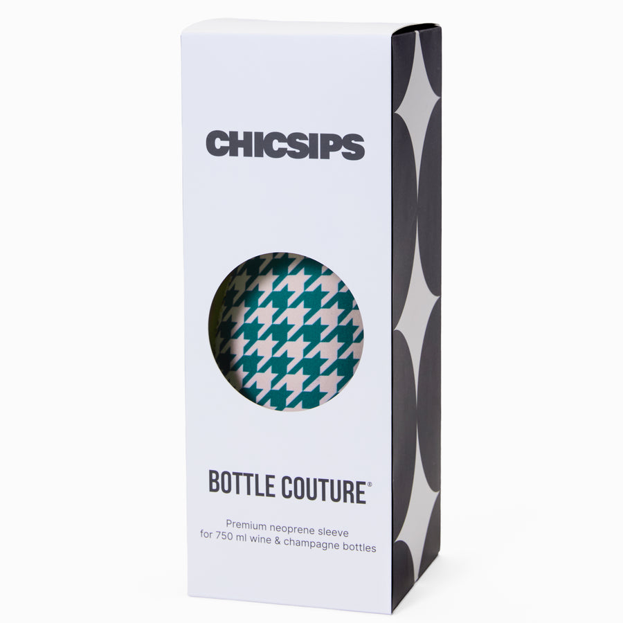 Bottle cooler packaging in black and white with die-cut circular window revealing houndstooth print pattern inside