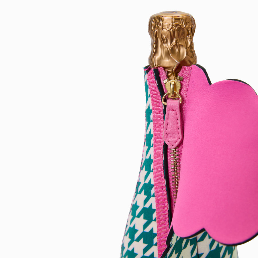 Close-up of gold zip with pink vegan leather pull featuring debossed monogram