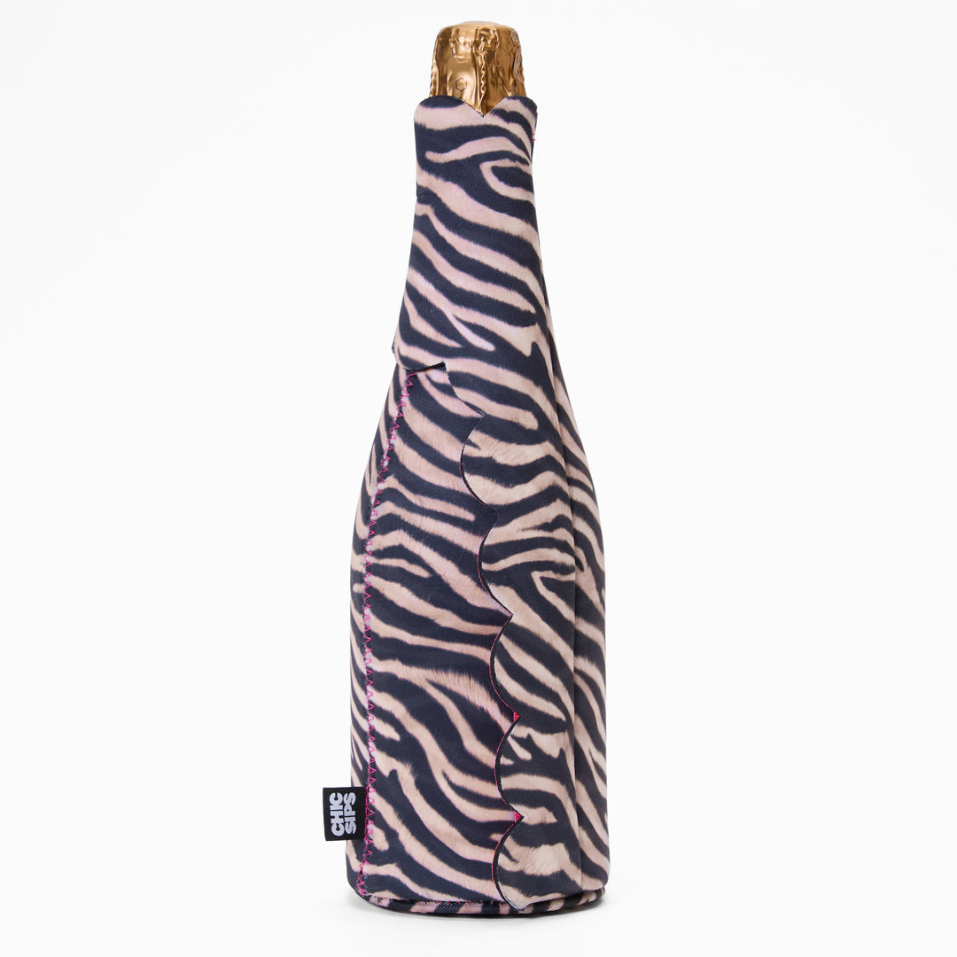 Nocturne zebra print bottle cooler showing full-length scalloped flap detail