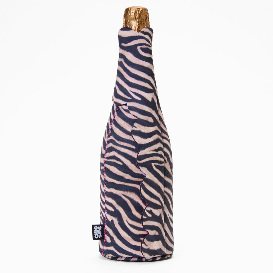 Nocturne zebra print bottle cooler showing full-length scalloped flap detail
