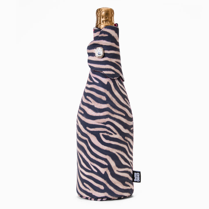 Bottle Couture wine and champagne cooler in Nocturne zebra print with scalloped flap and jewel detail