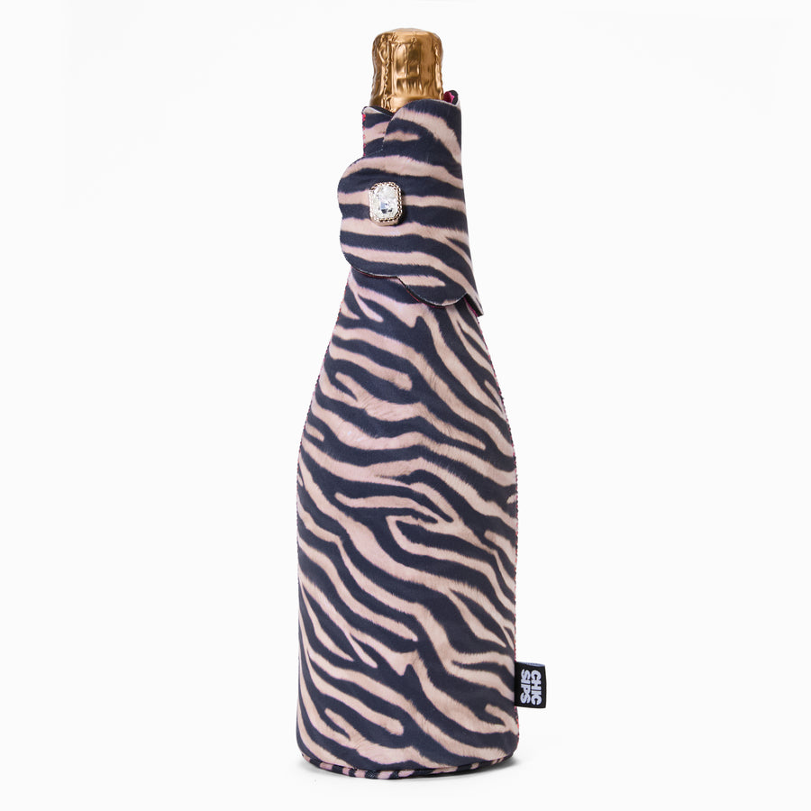 Bottle Couture wine and champagne cooler in Nocturne zebra print with scalloped flap and jewel detail