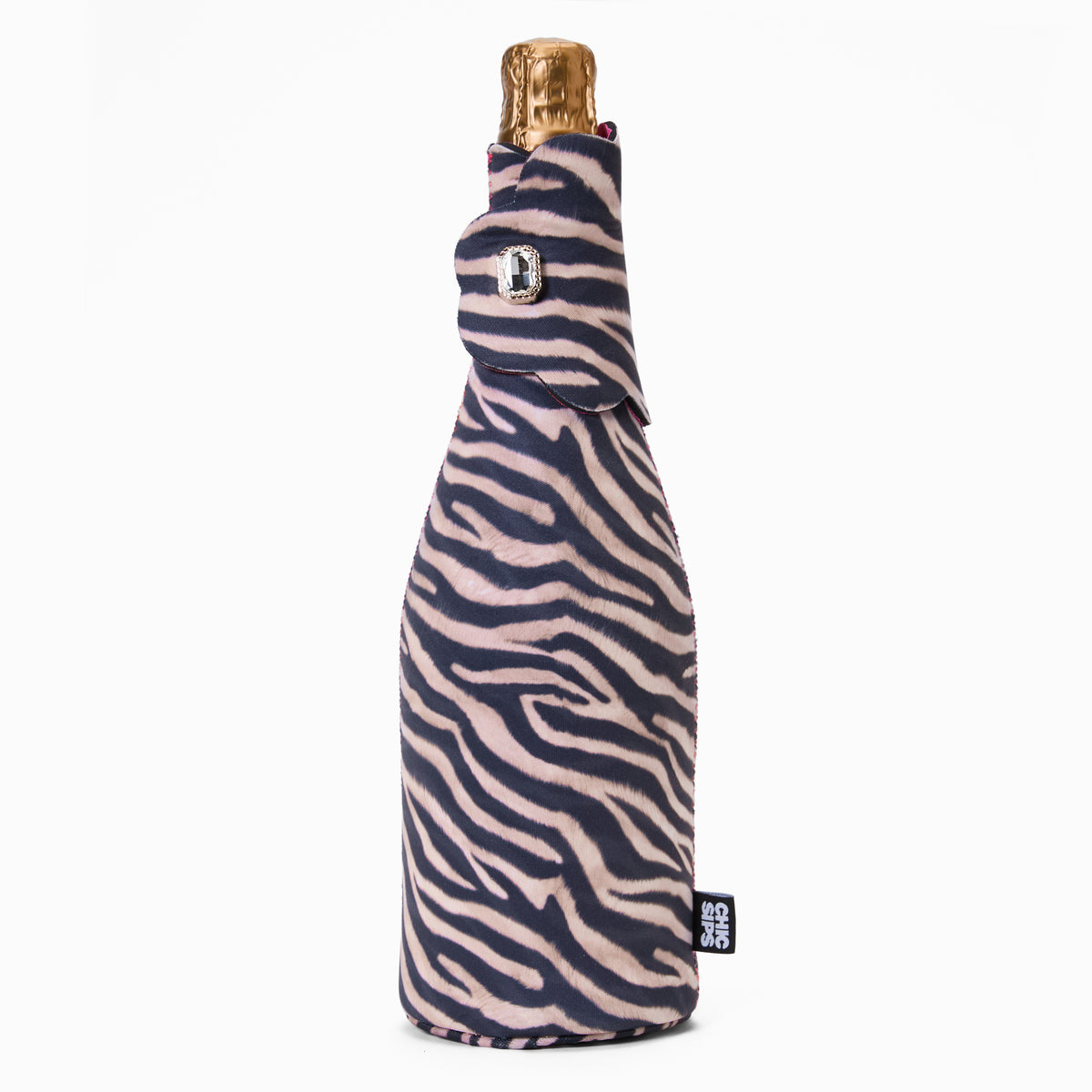 Bottle Couture wine and champagne cooler in Nocturne zebra print with scalloped flap and jewel detail