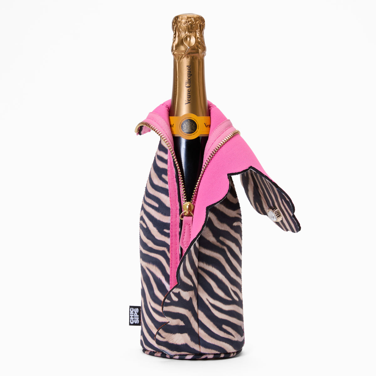 Nocturne zebra print bottle cooler with open zip revealing pink lining, scalloped edge, gold zip and pink vegan leather pull