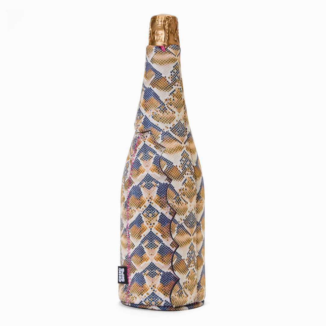 Serpent Rise snake print bottle cooler showing full-length scalloped flap detail