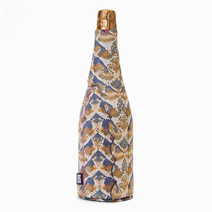 Serpent Rise snake print bottle cooler showing full-length scalloped flap detail
