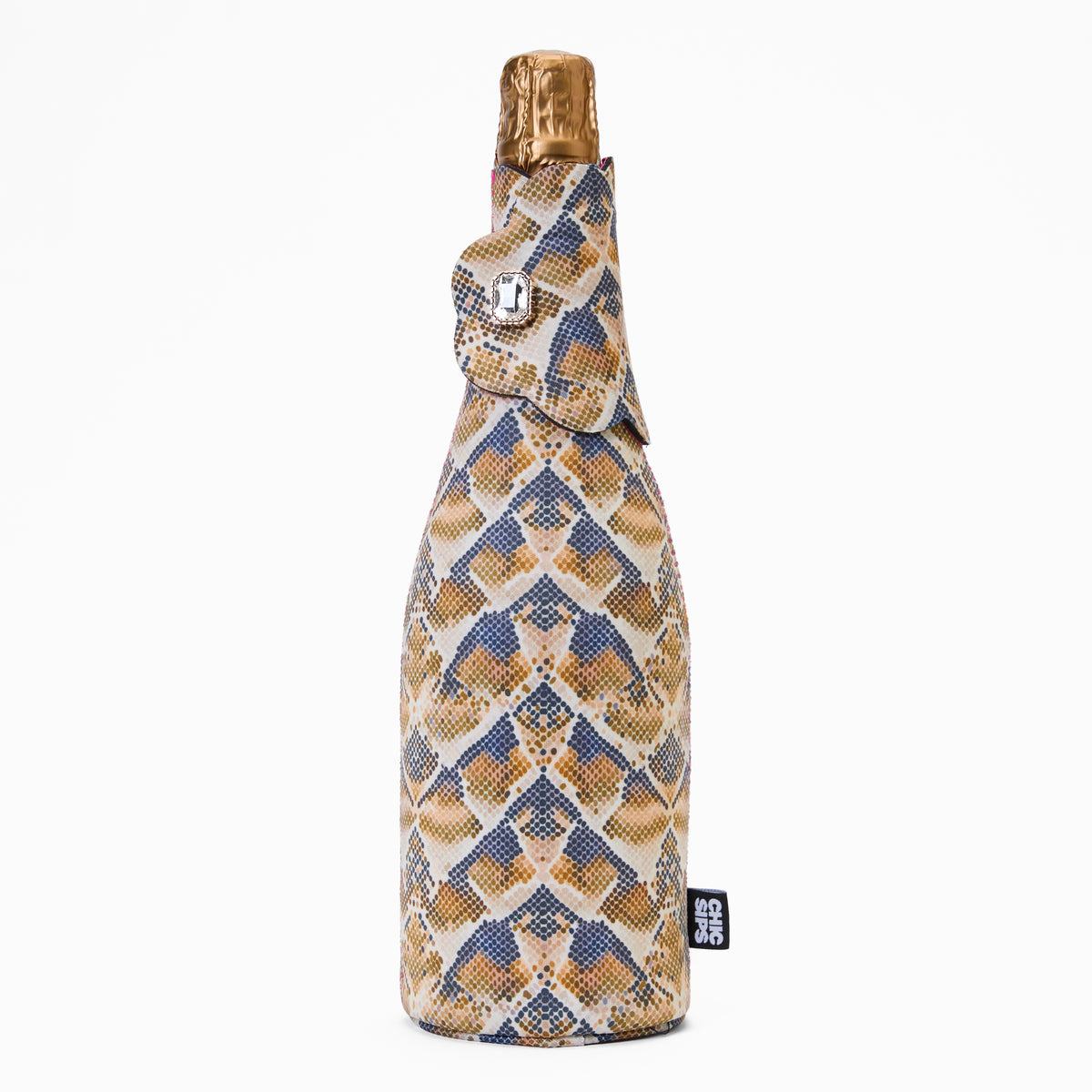 Bottle Couture wine and champagne cooler in Serpent Rise snake print with scalloped flap and jewel detail