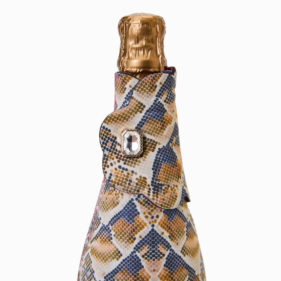 Bottle cooler in Serpent Rise snake print showing scalloped flap and neckline with jewel press stud and pink zigzag stitching