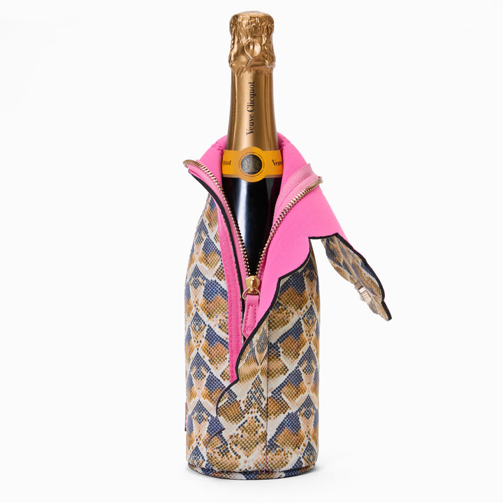 Serpent Rise snake print bottle cooler with open zip revealing pink lining, scalloped edge, gold zip and pink vegan leather pull