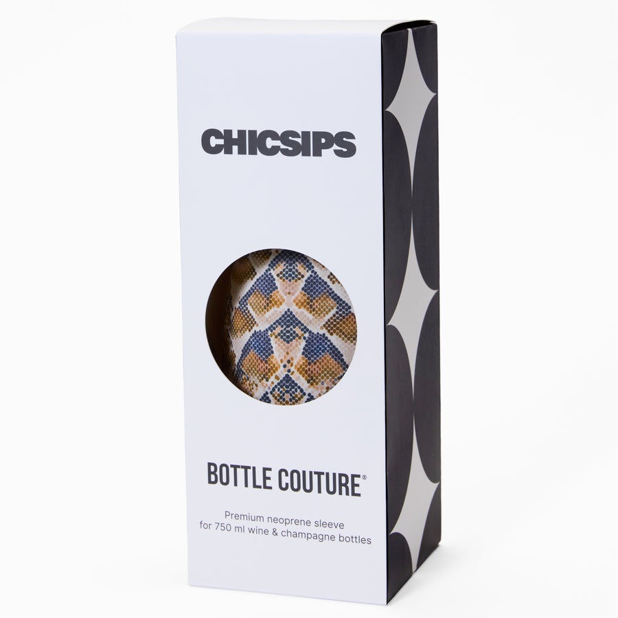 Bottle cooler packaging in black and white with die-cut circular window revealing snake print pattern inside