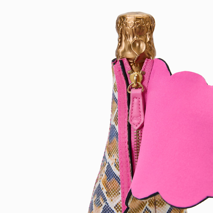 Close-up of gold zip with pink vegan leather pull featuring debossed monogram
