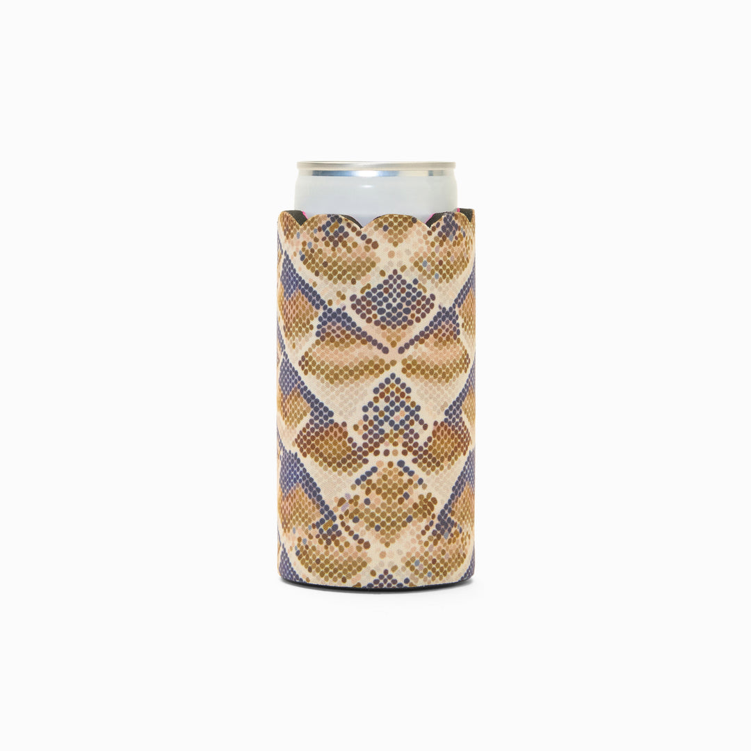 Snake print can sleeve with scalloped edge, holding a can