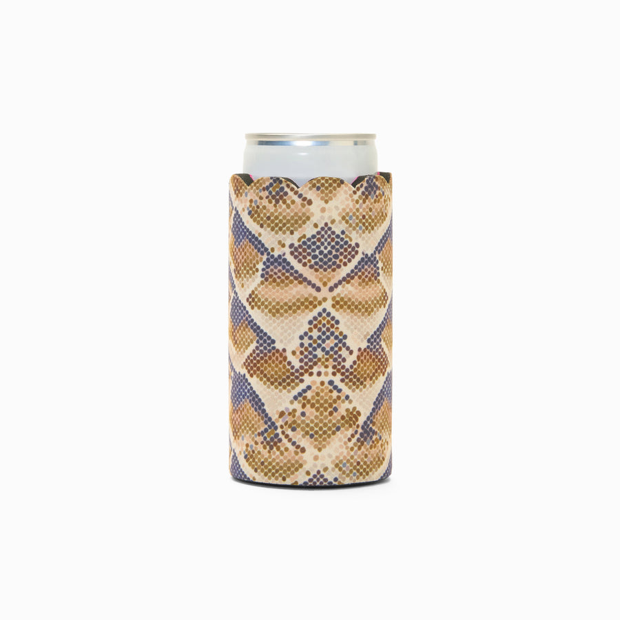 Snake print can sleeve with scalloped edge, holding a can