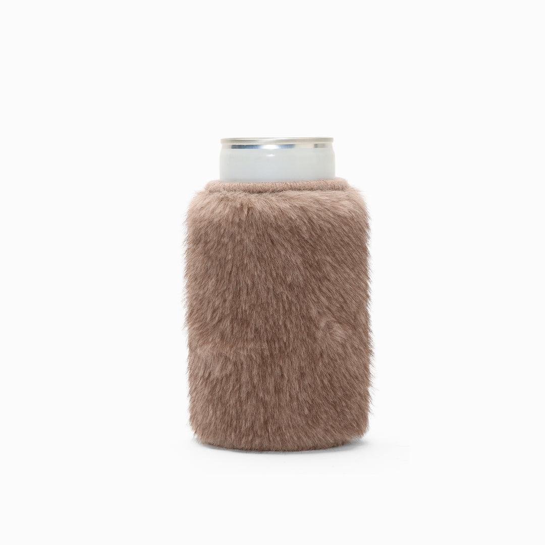 Brown faux fur can sleeve, holding a can