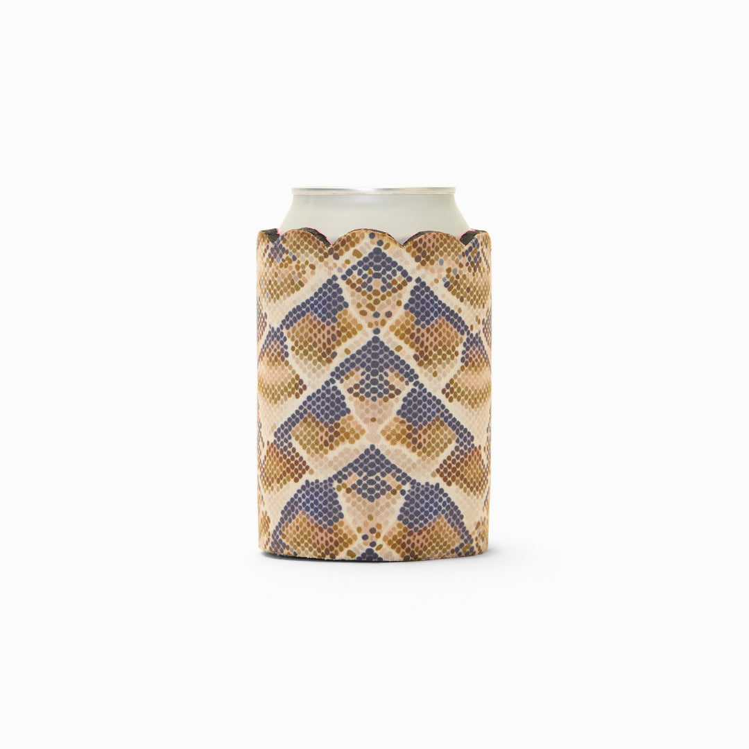 Snake print can sleeve with scalloped edge, holding a can