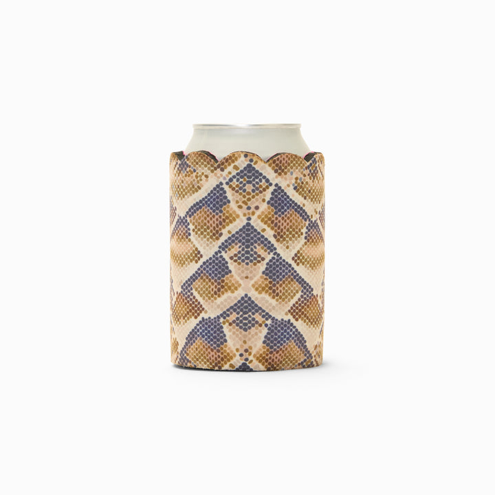 Snake print can sleeve with scalloped edge, holding a can