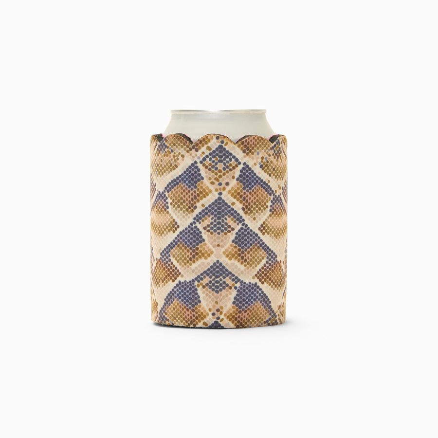 Snake print can sleeve with scalloped edge, holding a can