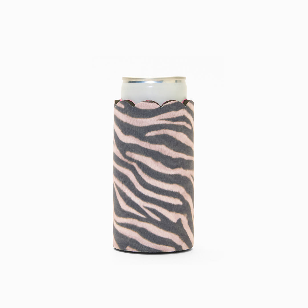 Zebra print can sleeve with scalloped edge, holding a can