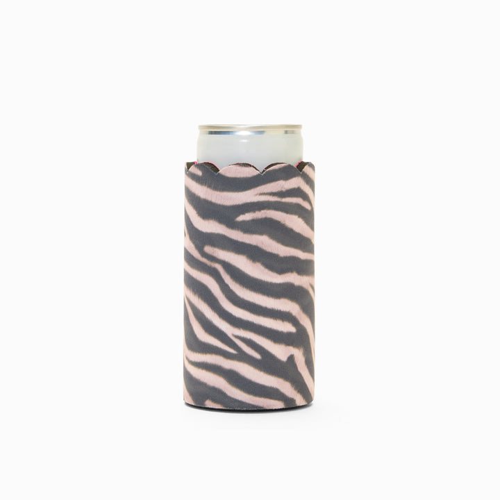 Zebra print can sleeve with scalloped edge, holding a can